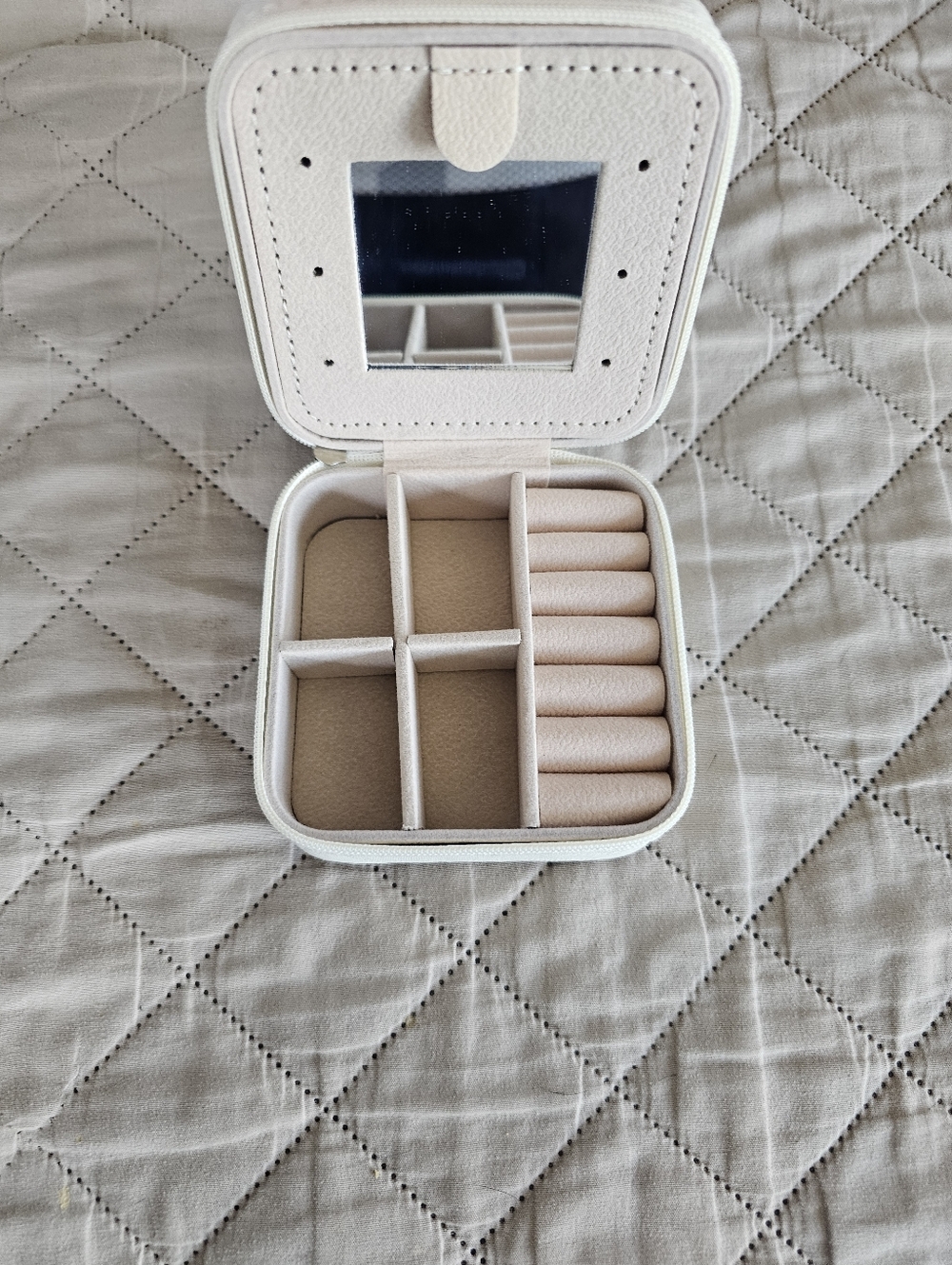 Compact Travel Jewelry Case in Light Cream, J Initial